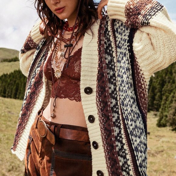 Apricot Boho Style Women's Geometric Striped Knitted Cardigan - Picture 5 of 6